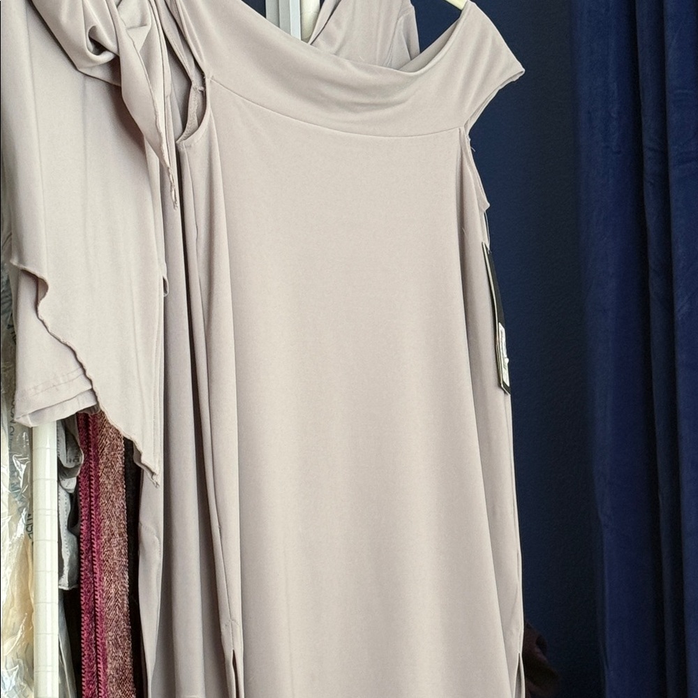 Size 8 Sympli  taupe top - pants listed separately Boat neck off shoulder